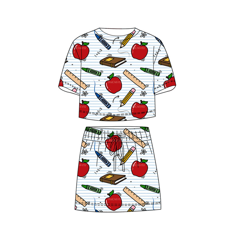 Back to school apple top matching skirts girls summer outfit preorder