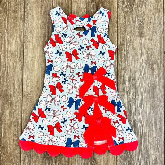 July 4th pink red bow baseball design yoga dress preorder