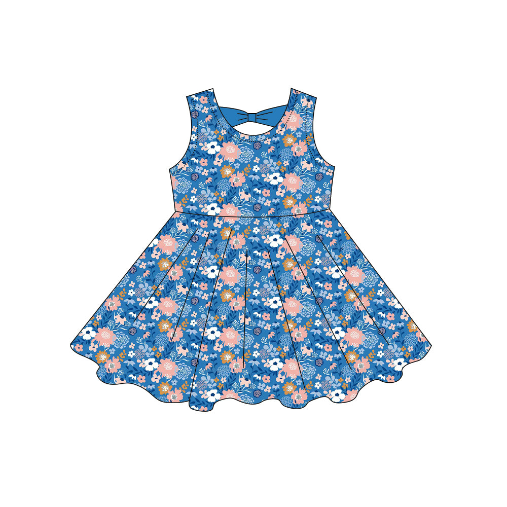 Pink blue flowers print girls summer dress preorder