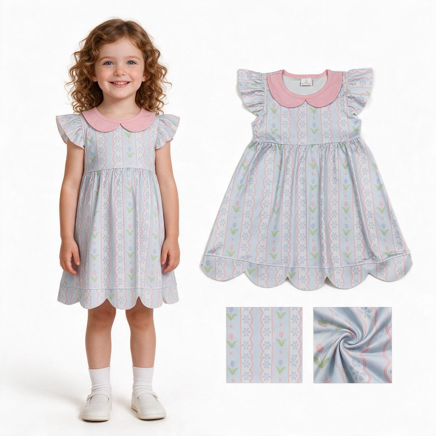 Blue flowers print girls summer dress