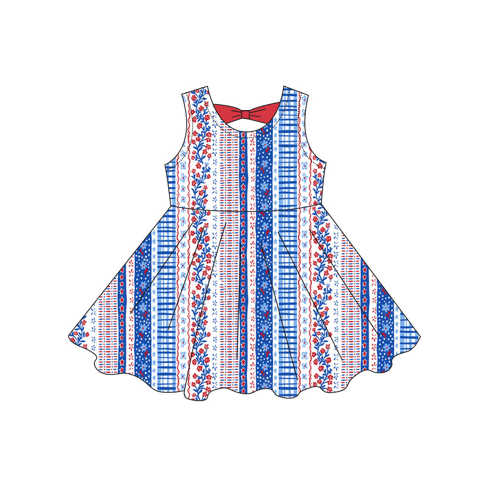 Red blue flowers print girls summer dress preorder