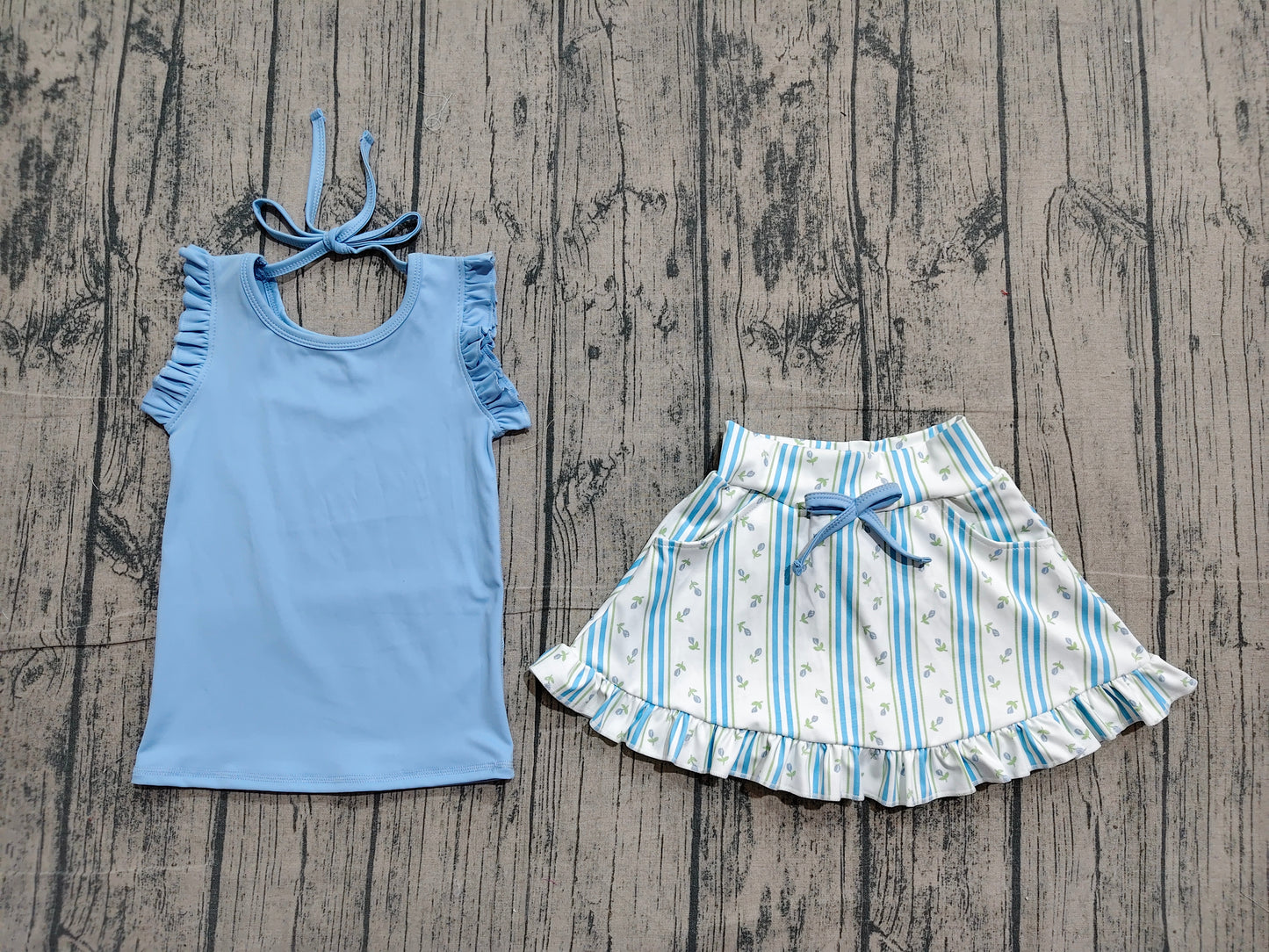 Blue tank top floral skirts girls summer yoga outfit preorder