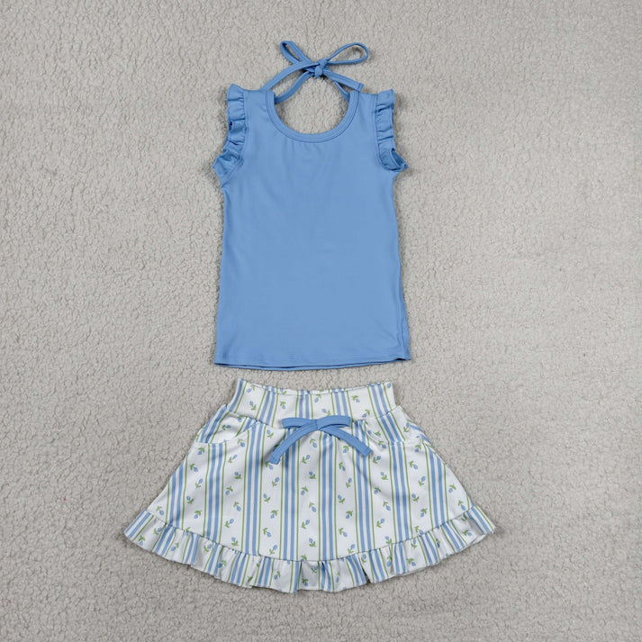 Blue tank top floral skirts girls summer yoga outfit