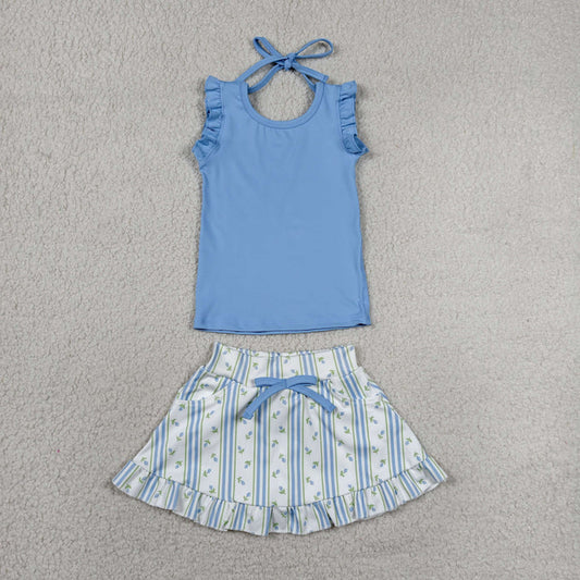Blue tank top floral skirts girls summer yoga outfit