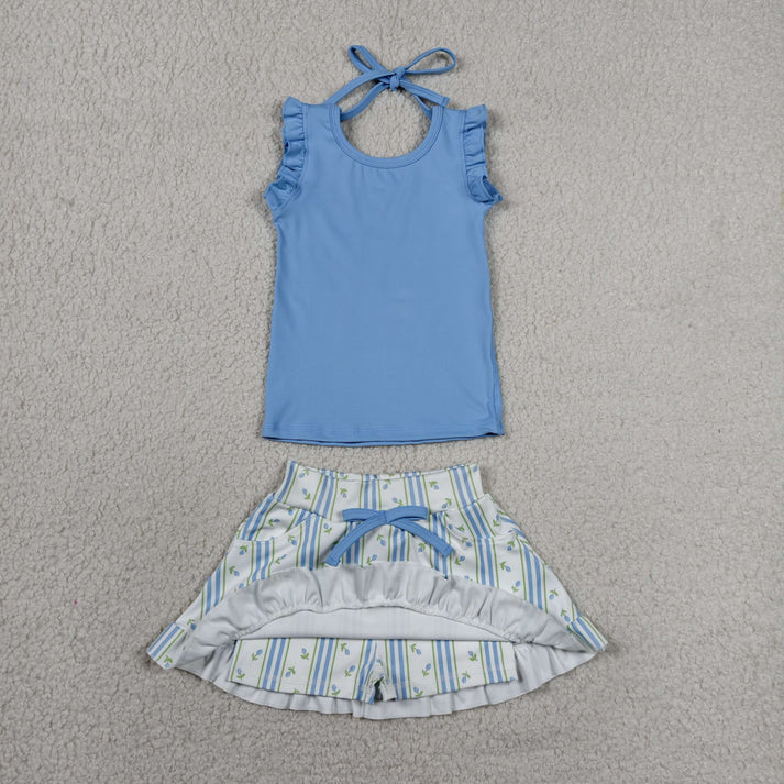 Blue tank top floral skirts girls summer yoga outfit