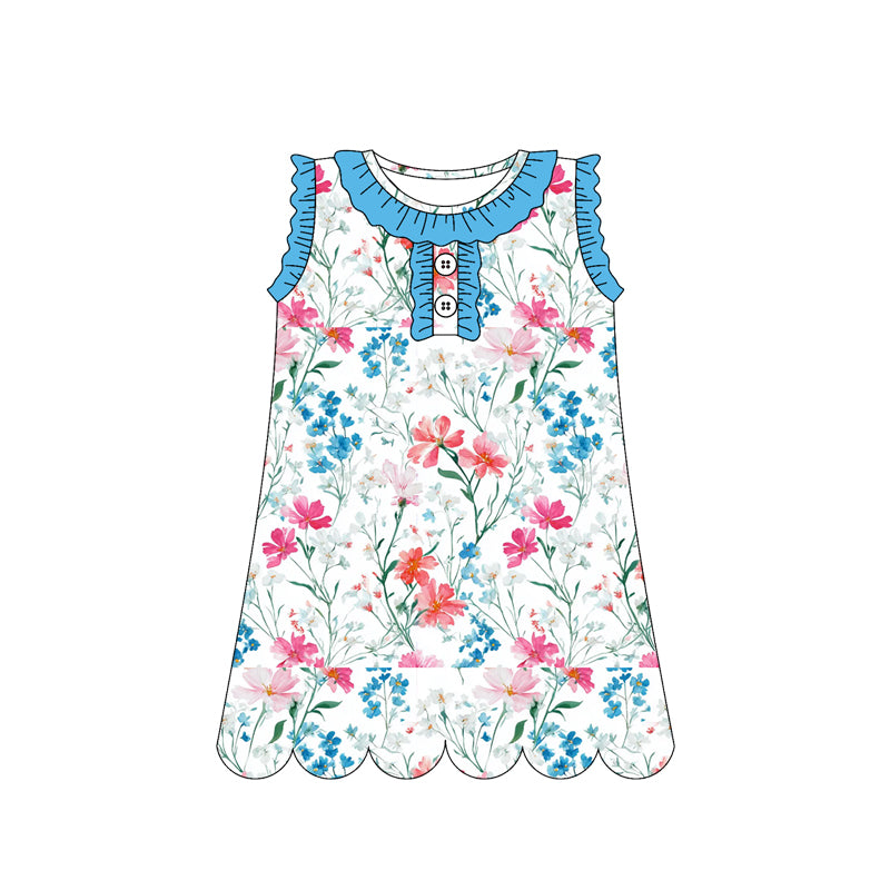 Pink blue flowers design girls summer dress preorder