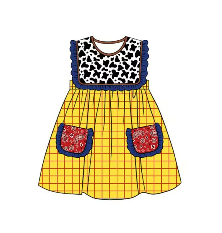 Cow print yellow plaid design girls summer dress preorder