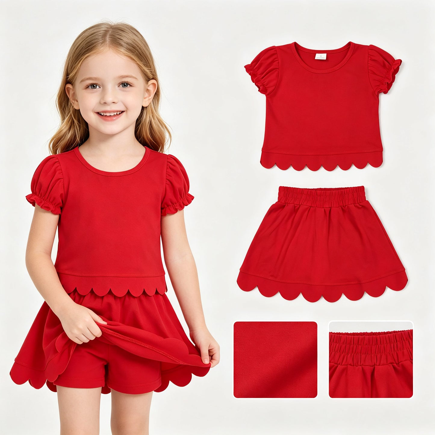 Red scallop top matching skorts girl summer outfit