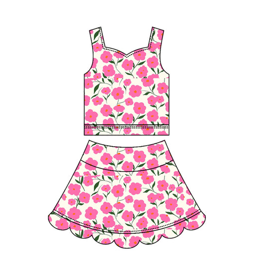 Pink flowers yoga top matching skorts girls summer outfit preorder