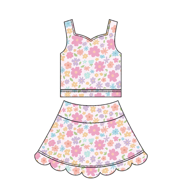 Pink blue flowers yoga top matching skorts girls summer outfit preorder