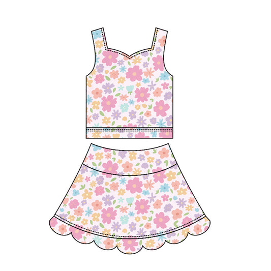 Pink blue flowers yoga top matching skorts girls summer outfit preorder