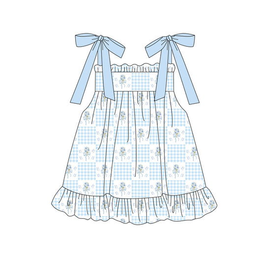 Blue plaid flowers print girls summer dress preorder