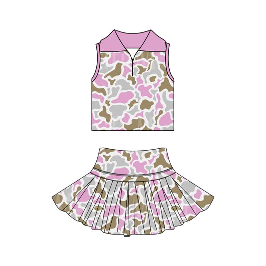 Pink brown camo yoga top matching skorts girls summer outfit preorder