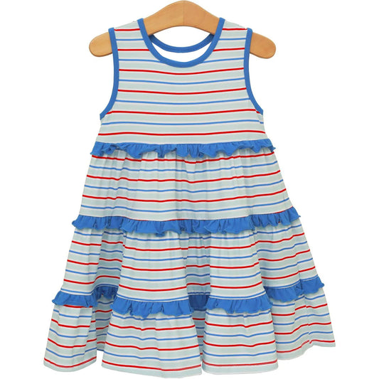 Red blue stripes print girls summer dress preorder