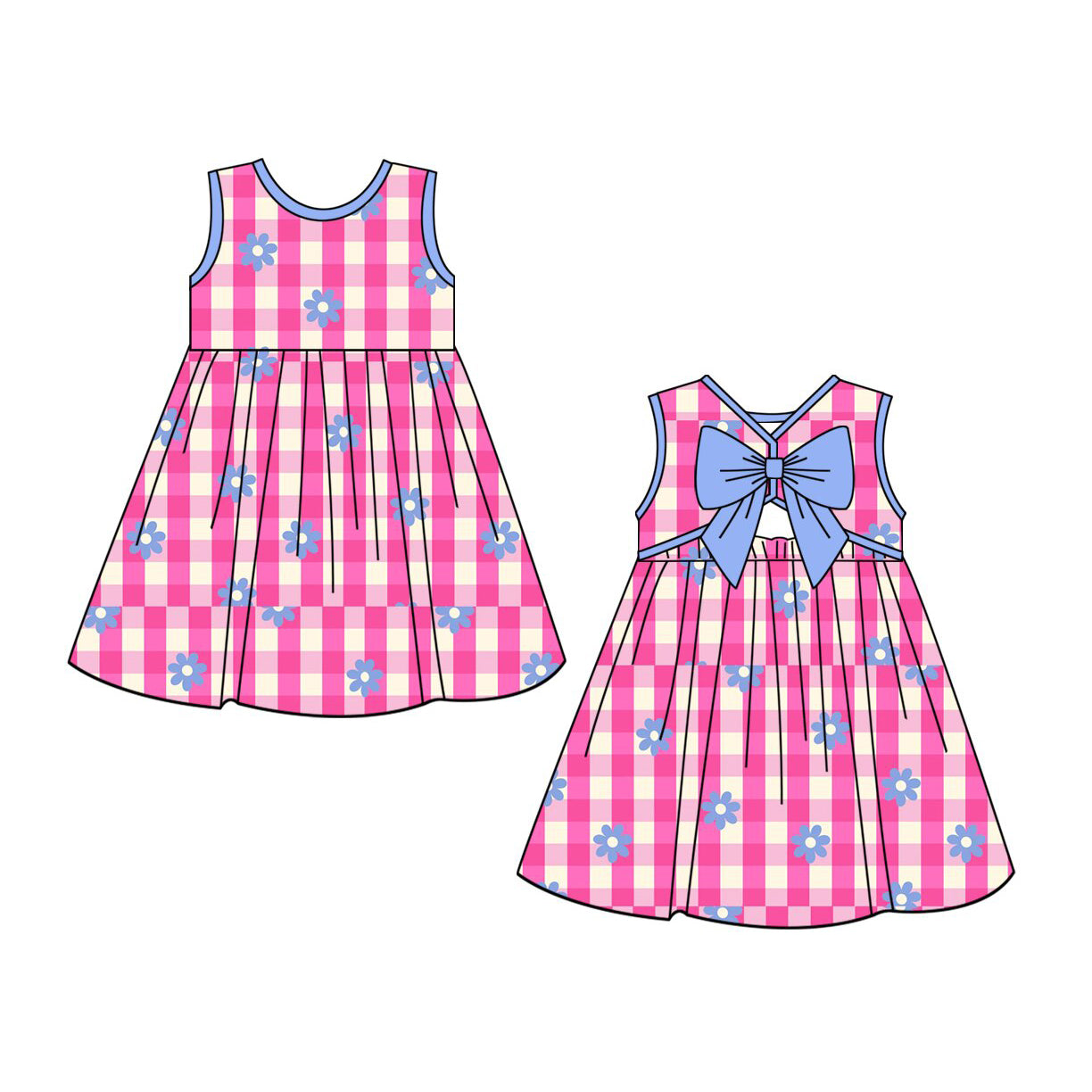 Blue flowers pink plaid girls summer dress preorder