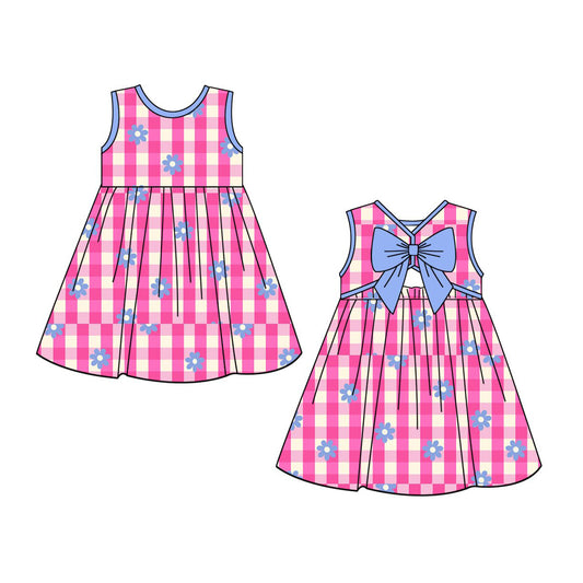 Blue flowers pink plaid girls summer dress preorder