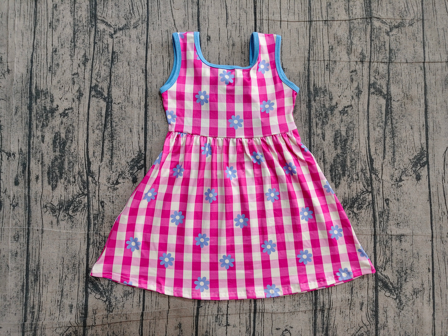 Blue flowers pink plaid girls summer dress preorder