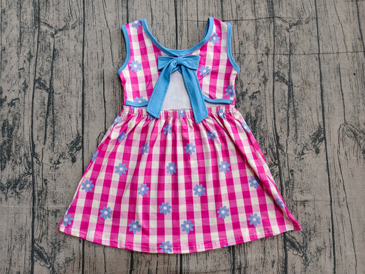 Blue flowers pink plaid girls summer dress preorder