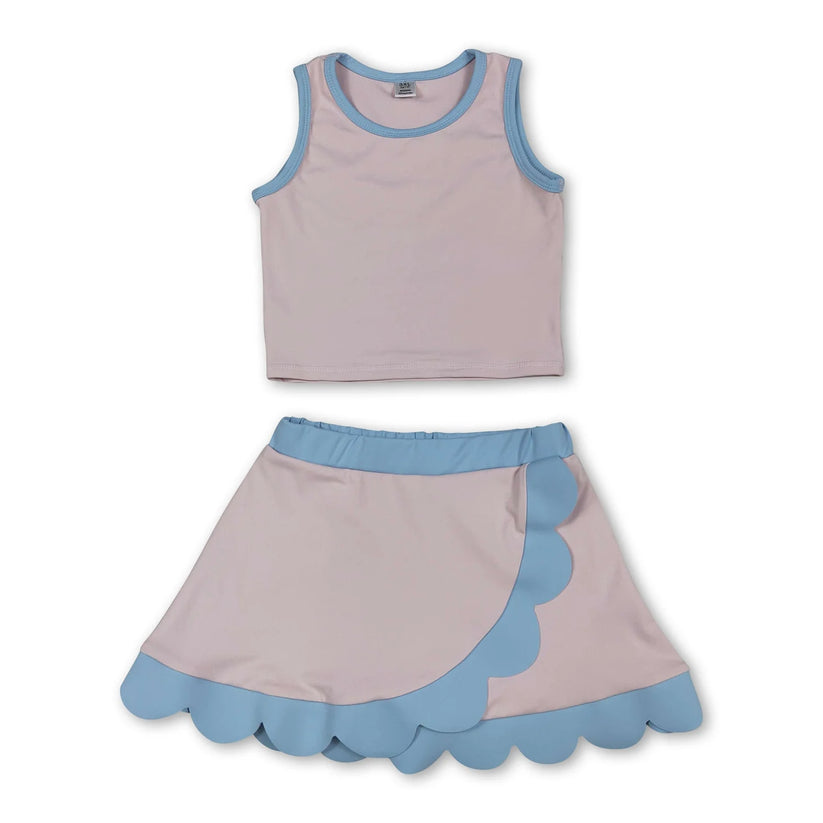 Dark Blue yoga top matching skorts girls summer scalloped outfit