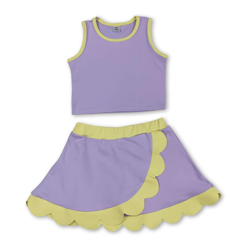 Dark Blue yoga top matching skorts girls summer scalloped outfit