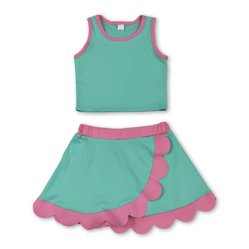 Dark Blue yoga top matching skorts girls summer scalloped outfit