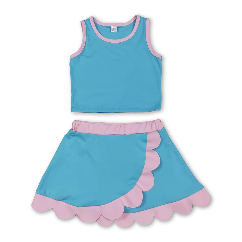 Dark Blue yoga top matching skorts girls summer scalloped outfit