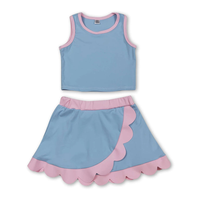 Dark Blue yoga top matching skorts girls summer scalloped outfit