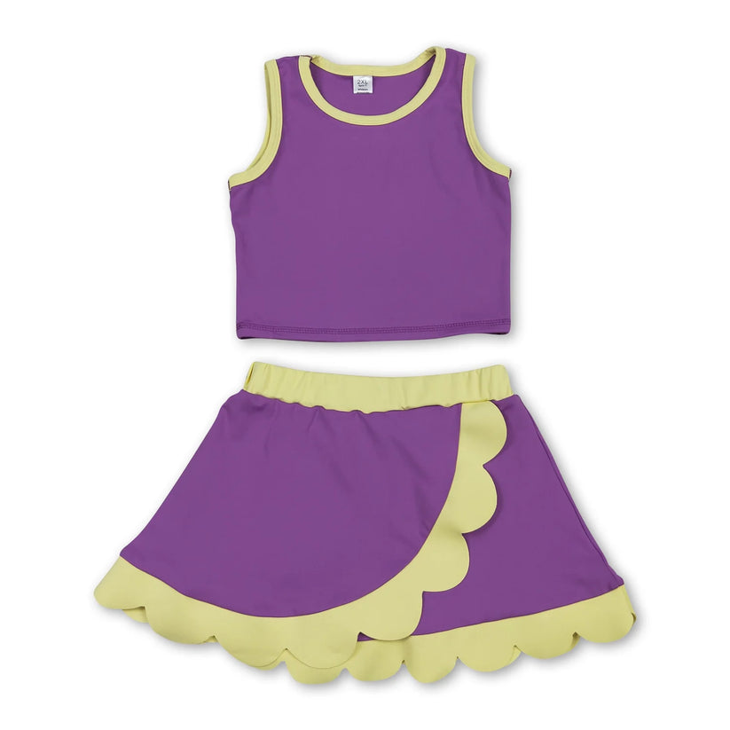 Dark Blue yoga top matching skorts girls summer scalloped outfit