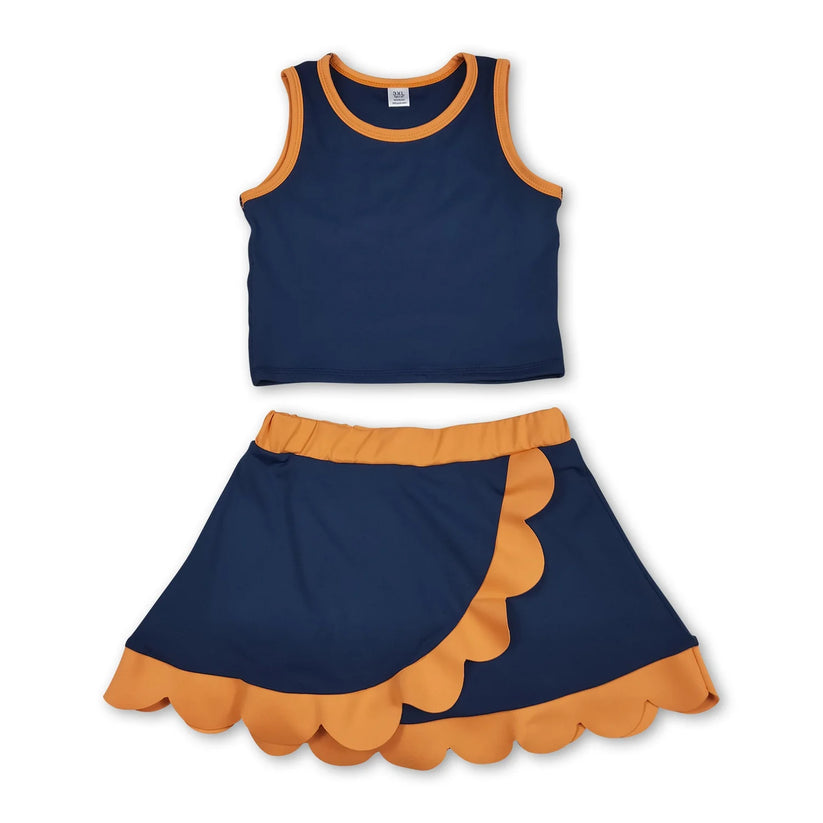 Dark Blue yoga top matching skorts girls summer scalloped outfit