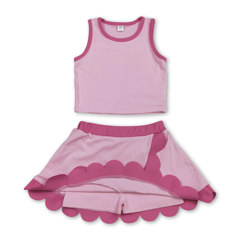 Dark Blue yoga top matching skorts girls summer scalloped outfit