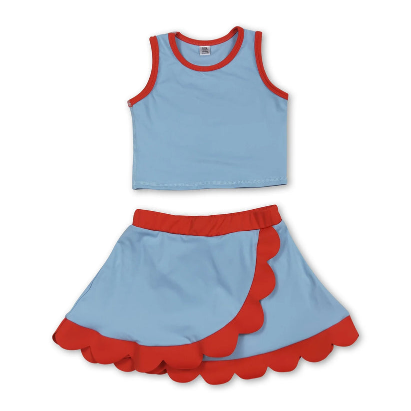 Dark Blue yoga top matching skorts girls summer scalloped outfit