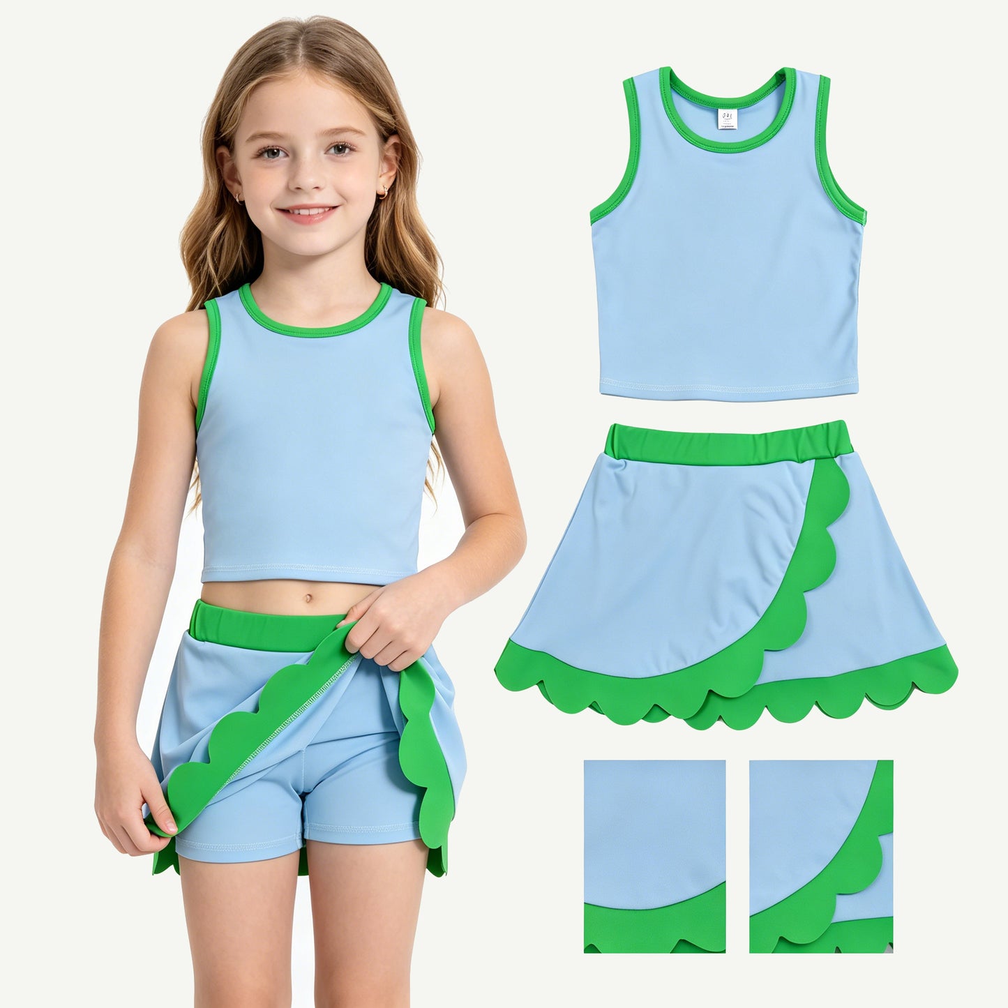 Blue green yoga top matching skorts girls summer outfit