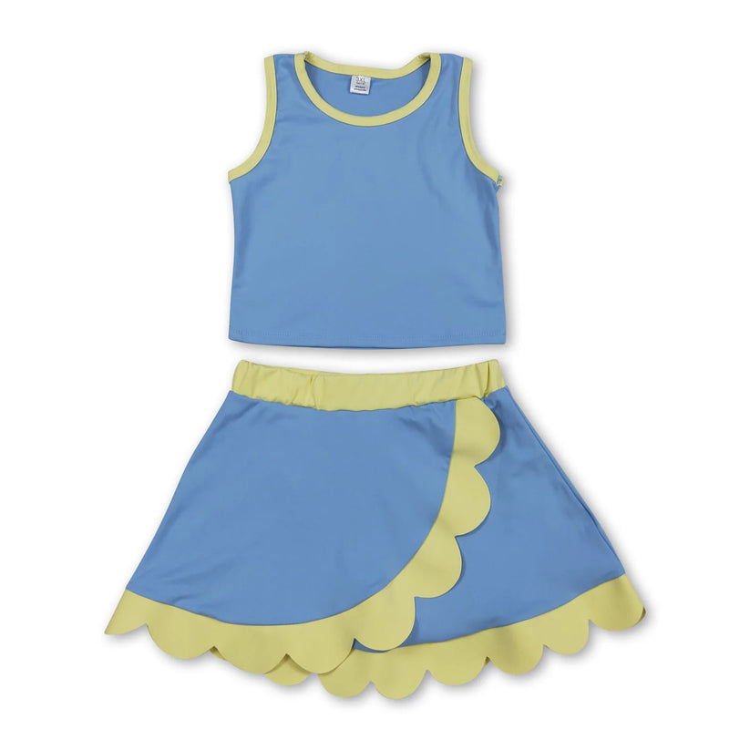 Dark Blue yoga top matching skorts girls summer scalloped outfit