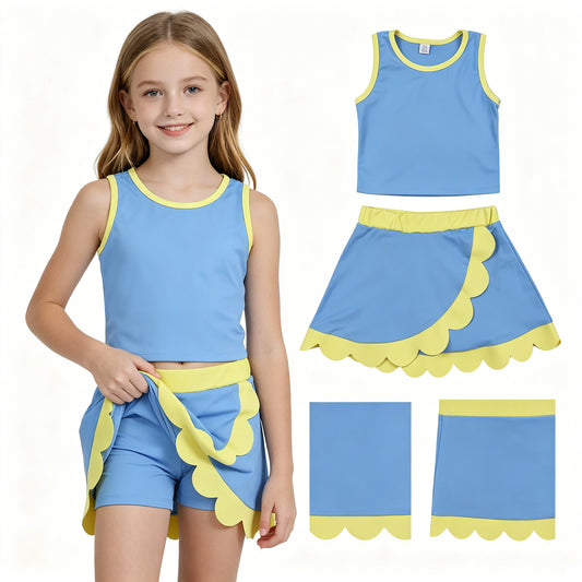Blue yellow yoga top matching skorts girls summer outfit