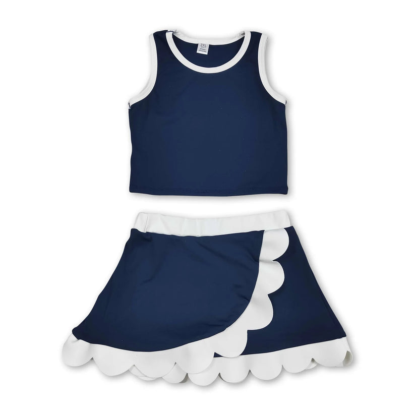Dark Blue yoga top matching skorts girls summer scalloped outfit