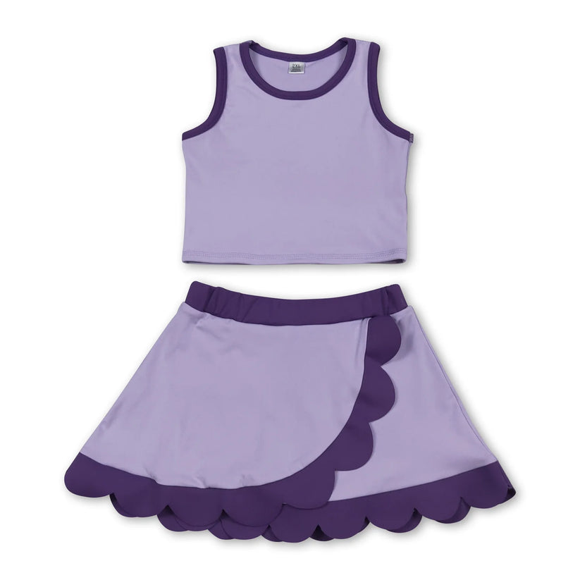 Dark Blue yoga top matching skorts girls summer scalloped outfit