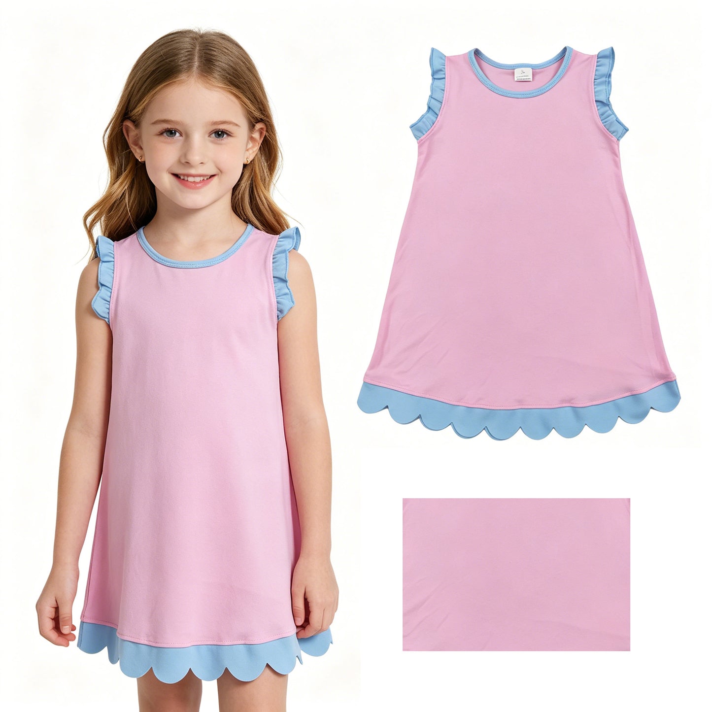 Pink color blue ruffle girls summer dress