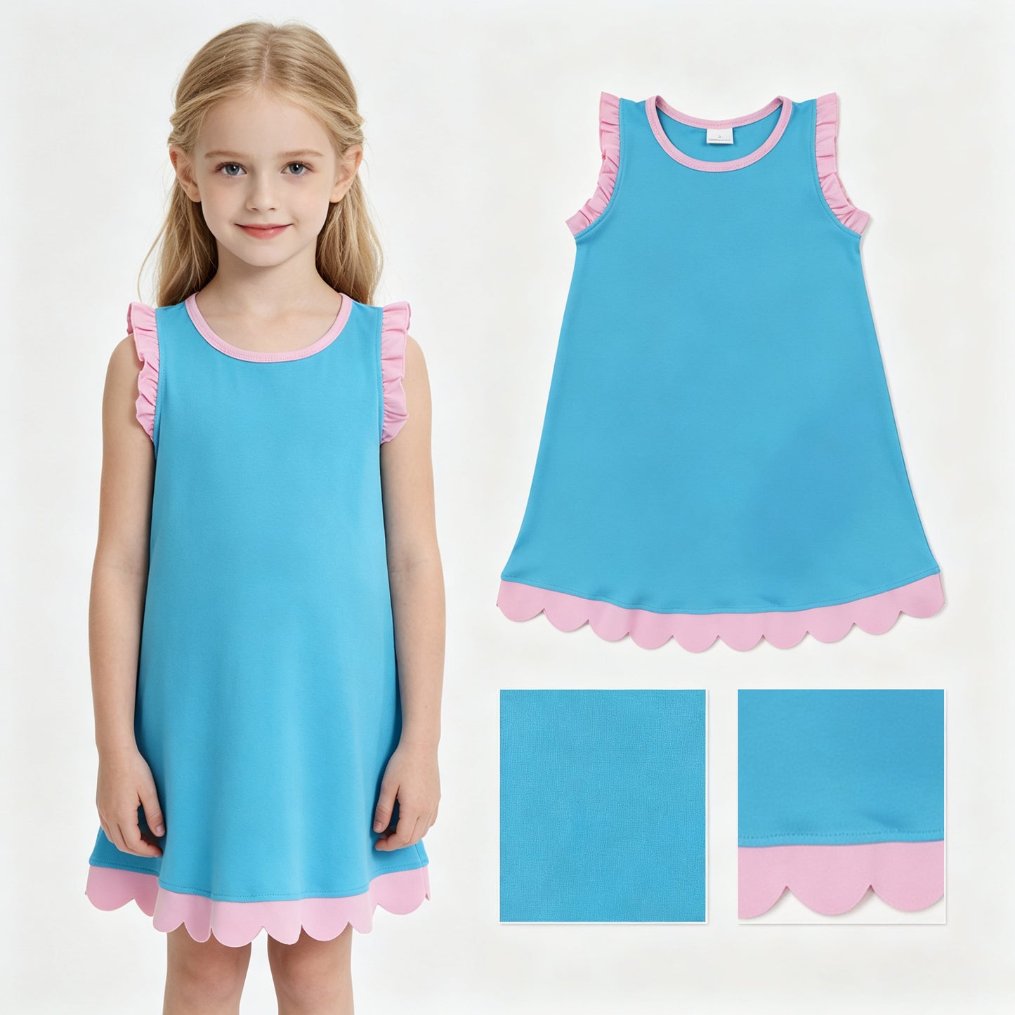 Blue color pink ruffle girls summer dress