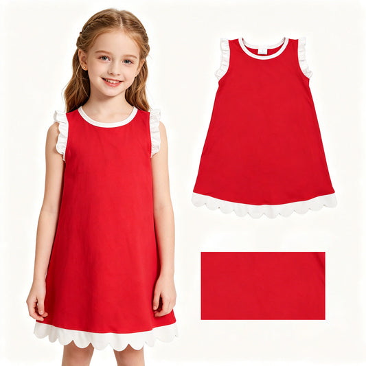 Red color white ruffle girls summer dress