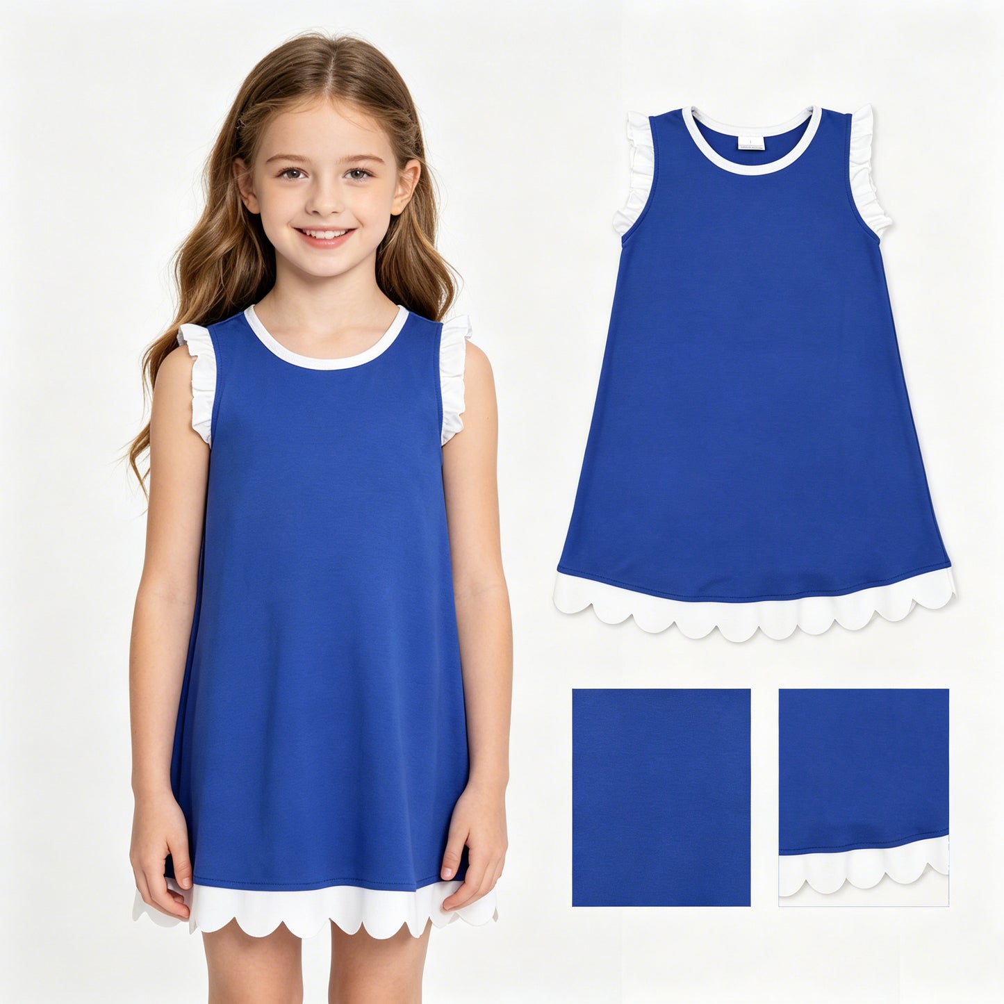Navy color white ruffle girls summer dress