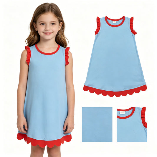 Blue color red ruffle girls summer dress