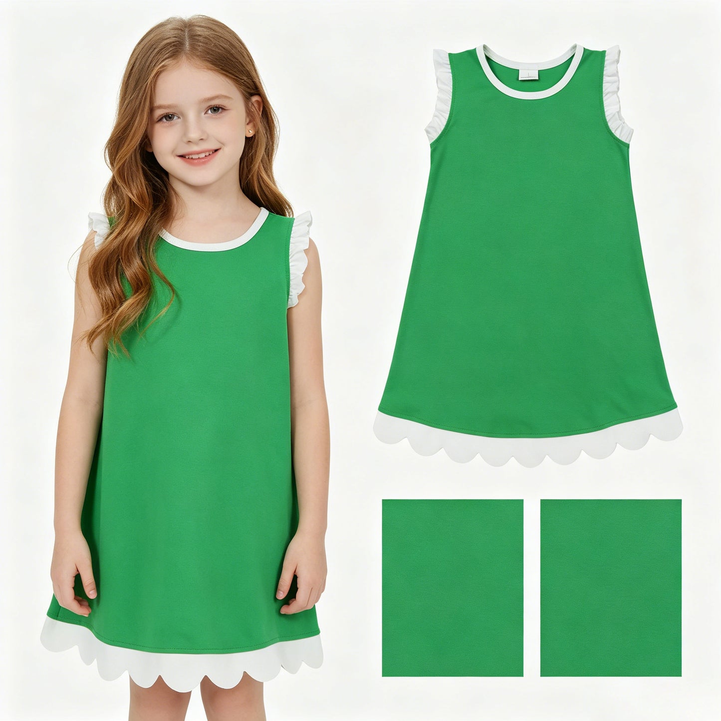 Green color white ruffle girls summer dress