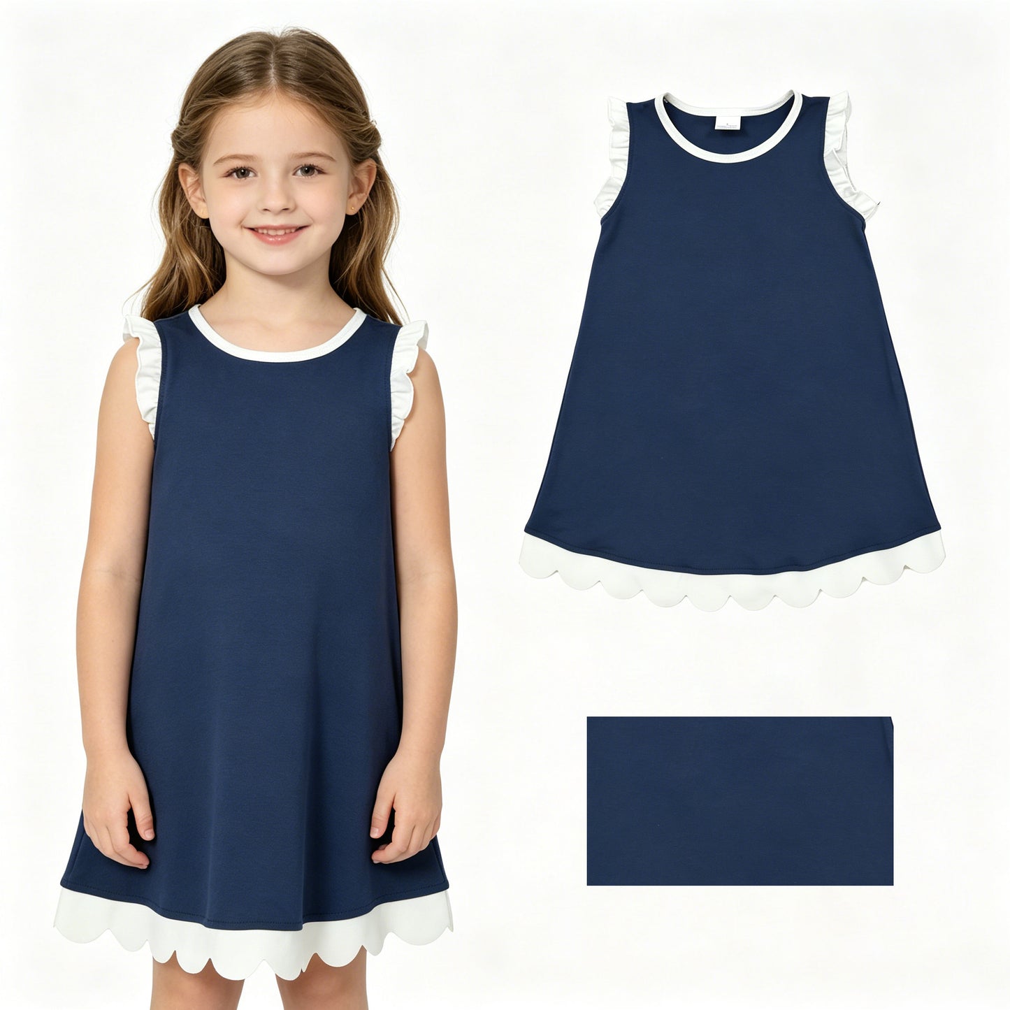 Navy color white ruffle girls summer dress
