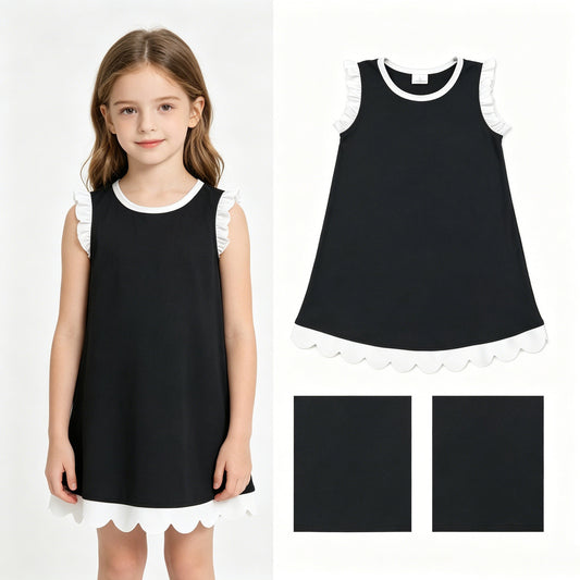 Black color white ruffle girls summer dress