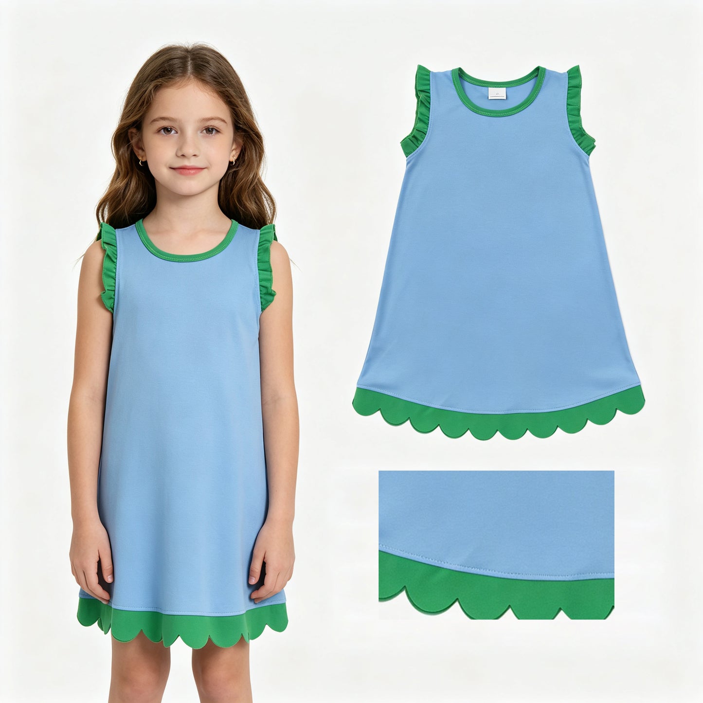 Blue color green ruffle girls summer dress