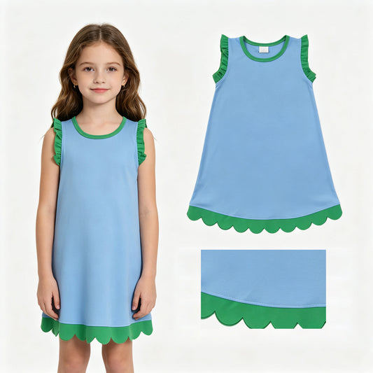 Blue color green ruffle girls summer dress