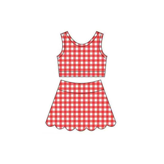 Red plaid girls summer yoga tank top matching shorts outfit preorder