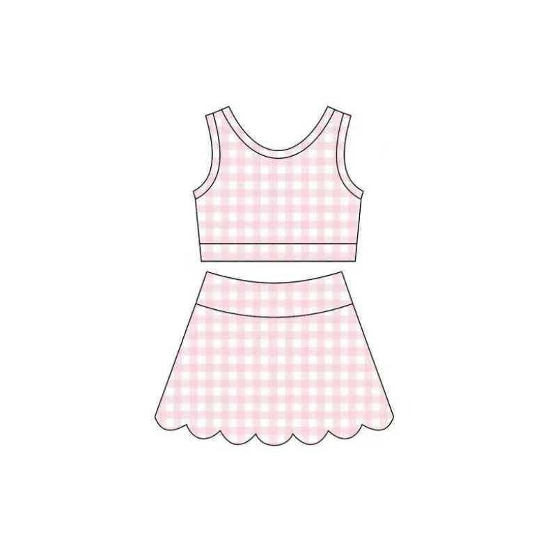 Pink plaid girls summer yoga tank top matching skorts outfit  preorder