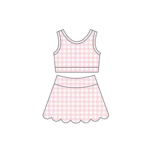 Pink plaid girls summer yoga tank top matching skorts outfit  preorder