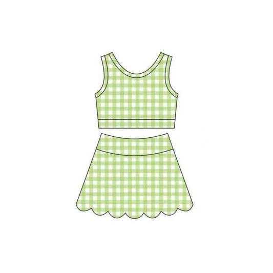 Green plaid girls summer yoga tank top matching skort set preorder